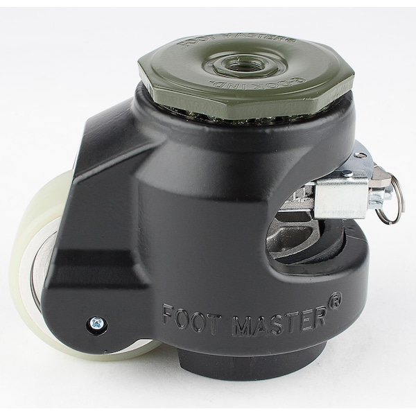 Leveling Caster, Ratchet, 63 mm PU Wheel, 1/2-13 Stem, Swivel, 500 kg Cap, NBR Foot Pad, Black
